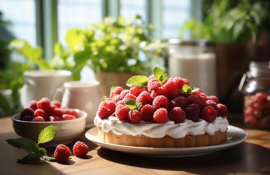 Delicious red raspberry tart close up with cream on a plate on a table with greens in white vases and white dishes on the background. Summery vibes. Copy space. . High quality photo