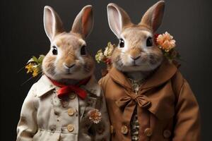 A beige rabbits couple in a white and brown jackets looking at the camera with flowers and a gray background. Easter bunnies. Copy space. High quality photo