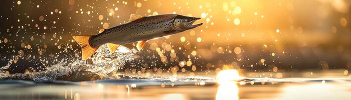 Large pike jumping out of water, sunrise backlight, water droplets in sharp focus, wide lens photo