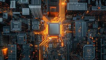 A Central CPU on a motherboard with glowing orange data paths, urban skyscrapers backdrop photo