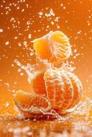 Peeled mandarin with splashing juice, vibrant orange backdrop, highspeed capture, closeup photo