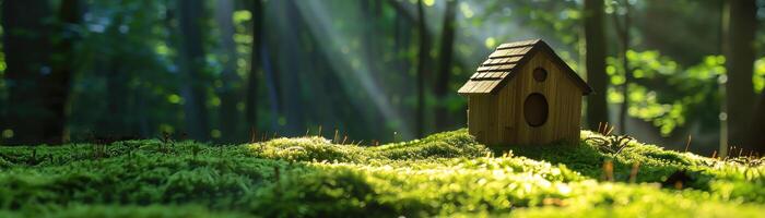 Tiny wooden house on a mossy floor, lowangle sun rays, tranquil green environment, macro lens style photo