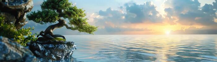 Cascading bonsai on a cliff edge, overlooking a calm sea, sunset in the background, dramatic and serene photo