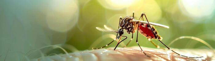 Closeup of a mosquito on human skin, macro lens, detailed texture, soft green bokeh background photo