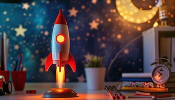 Toy rocket launching on a desk, glowing brightly, starry galaxy wallpaper behind, imaginative and whimsical scene photo