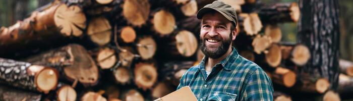 Lumberjack with clipboard in forest, smiling, background of stacked logs, rugged outdoors, professional and experienced photo