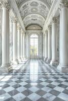 Grand classical architecture, white marble hall with tall columns and checkered floors, soft natural light photo