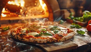 Artisanal woodfired pizza topped with fresh basil and bubbling mozzarella, rustic kitchen background photo