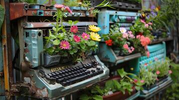 Old computer parts repurposed as planters, colorful flowers growing from keyboards and monitors, tech meets ecofriendly garden art photo