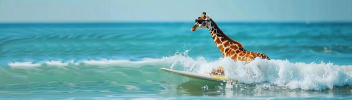 Giraffe on a surfboard riding through ocean waves, wearing sunglasses, depicting a whimsical and adventurous spirit photo
