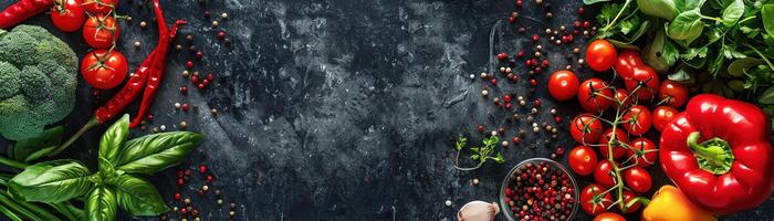 Overhead shot of various fresh ingredients on a dark stone surface, vibrant colors, ready for cooking photo