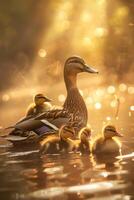Mother duck with ducklings in a misty pond, golden sunlight, soft focus, serene atmosphere photo