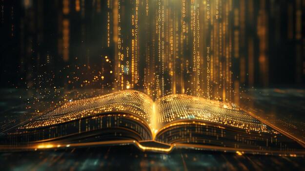 Open book emitting glowing digital code streams, dark background, futuristic concept photo