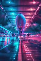 Futuristic airport at night, holographic plane taking off, vibrant blue and pink neon lights, wide angle photo