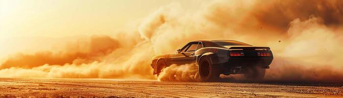 Experimental car prototype testing in a desert, dust trails behind, advanced suspension visible, under harsh testing conditions photo