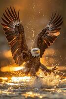 Eagle landing in river, dynamic action, detailed feathers, golden sunlight, intense and powerful wildlife shot photo