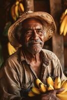 Joyful farmer with bananas, warm golden lighting, happy expression, closeup in a rustic setting photo