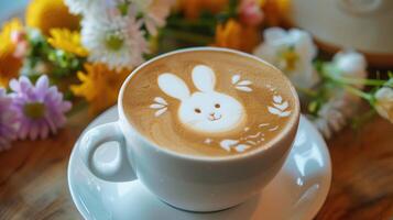 Artistic cappuccino with a bunny design, cozy cafe ambiance, closeup with soft background florals photo
