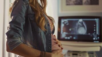 Pregnant woman at ultrasound, hand on belly, focus on sonogram screen in background, intimate and hopeful photo