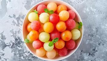 Overhead shot of a bowl of mixed melon balls including watermelon, cantaloupe, and honeydew, colorful and refreshing photo