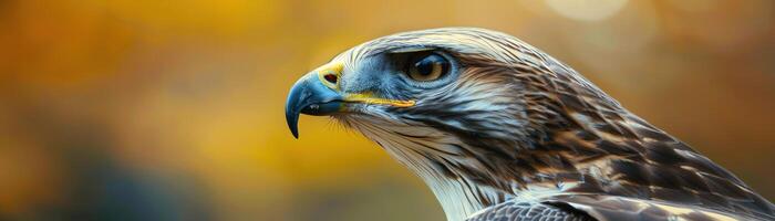 Closeup of a hawks fierce profile, detailed view of its piercing eyes and beak, softfocus natural background photo