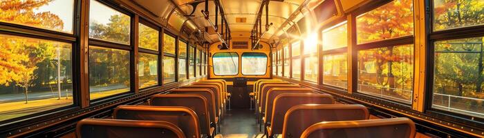 Autumnal school bus interior, yellow and orange hues, soft morning light filtering through windows, back view, wide angle photo