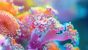 Microscopic view of colorful corallike structures, vibrant and detailed, soft focus background, bright lighting photo