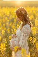 Pregnant woman in sunlit field of yellow flowers, softfocus, golden hour lighting, serene and joyful photo