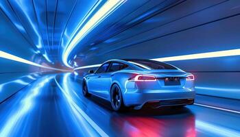 Sleek electric car speeding in a tunnel, blue dynamic lighting, rear threequarter view photo