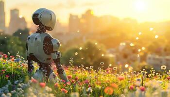 Futuristic robot in wildflower field, overlooking cityscape, soft focus, early morning light, serene atmosphere photo