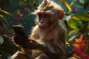 Meme. Monkey uses smartphone amidst lush foliage, presenting a humorous juxtaposition of wildlife and modern technology. For discussions about technology's reach or humorous content in digital media. photo