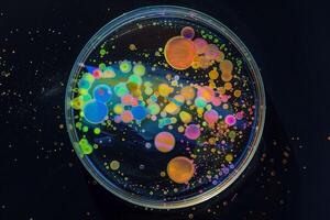 A vibrant display of bacterial colonies in a Petri dish, featuring a kaleidoscope of colors against a dark background. microbiological growth, ideal for scientific and educational purposes photo