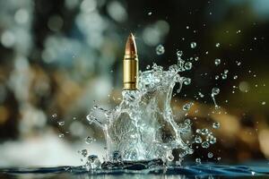 An intense moment of shot, impact is depicted in this high speed photograph, where a bullet enters the water, causing a dynamic splash, beauty of physics in action. photo