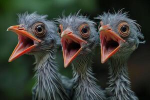 Meme. Three gray baby birds with open beaks express excitement or surprise, ideal for a natural outdoor setting. Perfect for memes or educational content about wildlife. photo