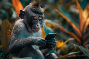 Meme. Monkey uses smartphone in a colorful jungles presenting a humorous juxtaposition of wildlife and modern technology. For discussions about technology's reach or humorous content in digital media. photo