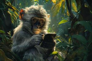 Meme. Monkey uses smartphone amidst lush foliage in sunny jungles, presenting a humorous juxtaposition of wildlife and modern technology. For discussions about technology's reach or humorous content photo