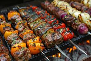 A close up of a grill with various types of meat on it photo