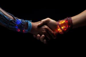 Digital Era, Handshake Blending Human and Glowing Network Cables, Concept of Modern Connectivity photo