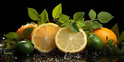 Citrus assortment. Bruit background of citrus fruits oranges, limes and lemons on black background. Copy space photo