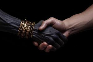 Integration of Organic and Artificial, Human Fingers Wrapped Around a Robotic Wrist, Signifying Unity, black man hand. Copy space. photo