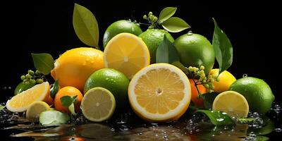 Citrus assortment. Bruit background of citrus fruits oranges, limes and lemons on black background. Copy space photo