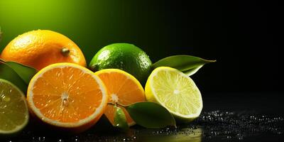 Citrus assortment. Bruit background of citrus fruits oranges, limes and lemons on black background. Copy space photo
