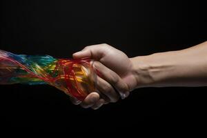 Embracing the Spectrum of Connectivity, Human Handshake with Colorful Fiber Optics, Symbolizing Network and Data Exchange photo