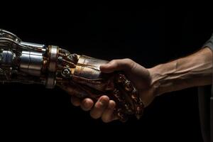 Human Extending Hand to Sophisticated Robotic Arm in a Symbolic Handshake, a Harmony of Technology and Flesh photo