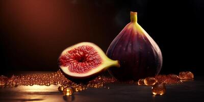 A sliced fig exudes sophistication against a dark backdrop, its intricate pink patterns complemented by golden glitter and ambient lighting, suggesting opulence and taste photo