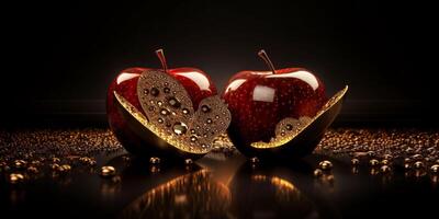 A luxurious take on still life, featuring apples with one intricately adorned in golden patterns, all set against a dark, reflective surface scattered with gold beads. photo