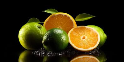 Citrus assortment. Bruit background of citrus fruits oranges, limes and lemons on black background. Copy space photo