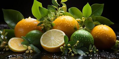 Citrus assortment. Bruit background of citrus fruits oranges, limes and lemons on black background. Copy space photo