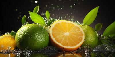 Citrus assortment. Bruit background of citrus fruits oranges, limes and lemons on black background. Copy space photo