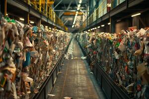 The depth of a recycling warehouse is highlighted by enormous stacks of sorted and compressed waste on either side, emphasizing the industrial side of environmental conservation. photo